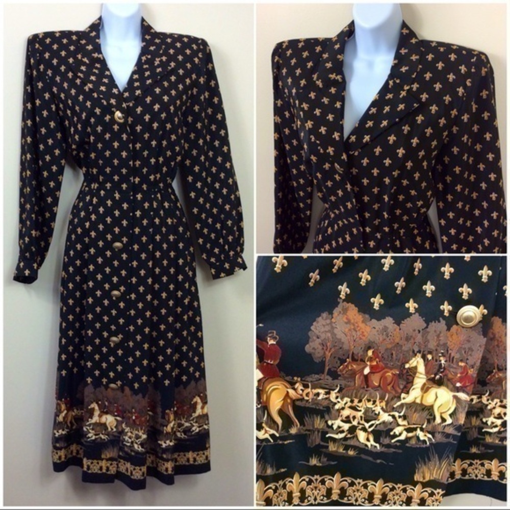 Vintage 80s Leslie Fay fleur-di-lis equestrian dress 10P. Petite